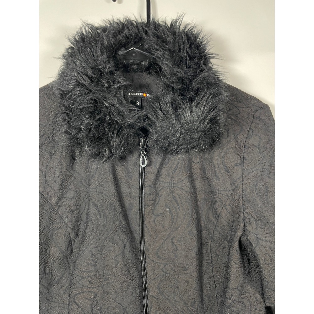 Y2K Black Paisley‎ Textured Jacket Faux Fur Collar Full Zip Small Cheetah Girl - Picture 2 of 7